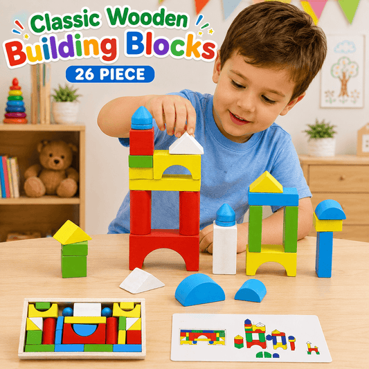 26 Piece Classic Wooden Building Blocks Educational Construction Set for Kids