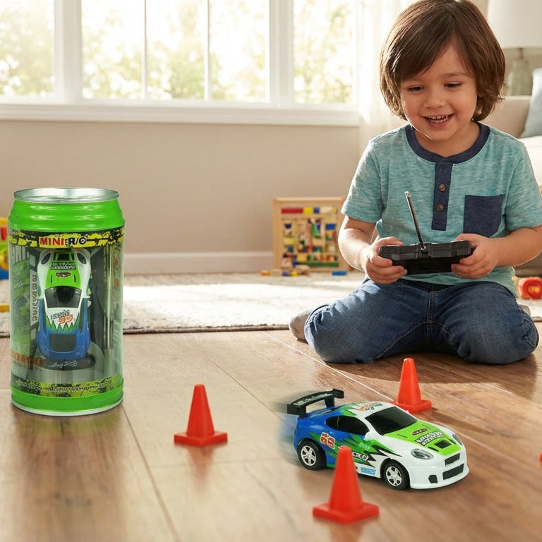 Child playing with toy cars on a wooden floor next to a canister of MiniRac cars.