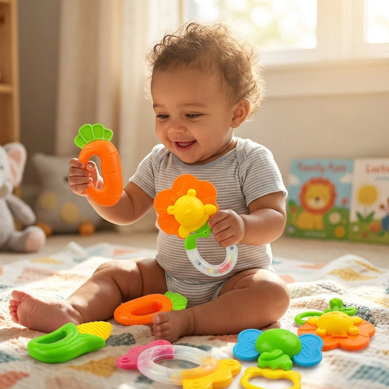 5 Colors Puzzle Baby Rattle & Teether – Safe & Fun Infant Toy

