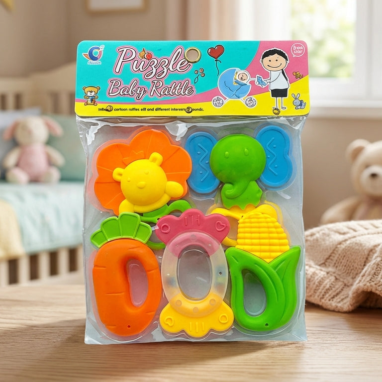 5 Colors Puzzle Baby Rattle & Teether – Safe & Fun Infant Toy