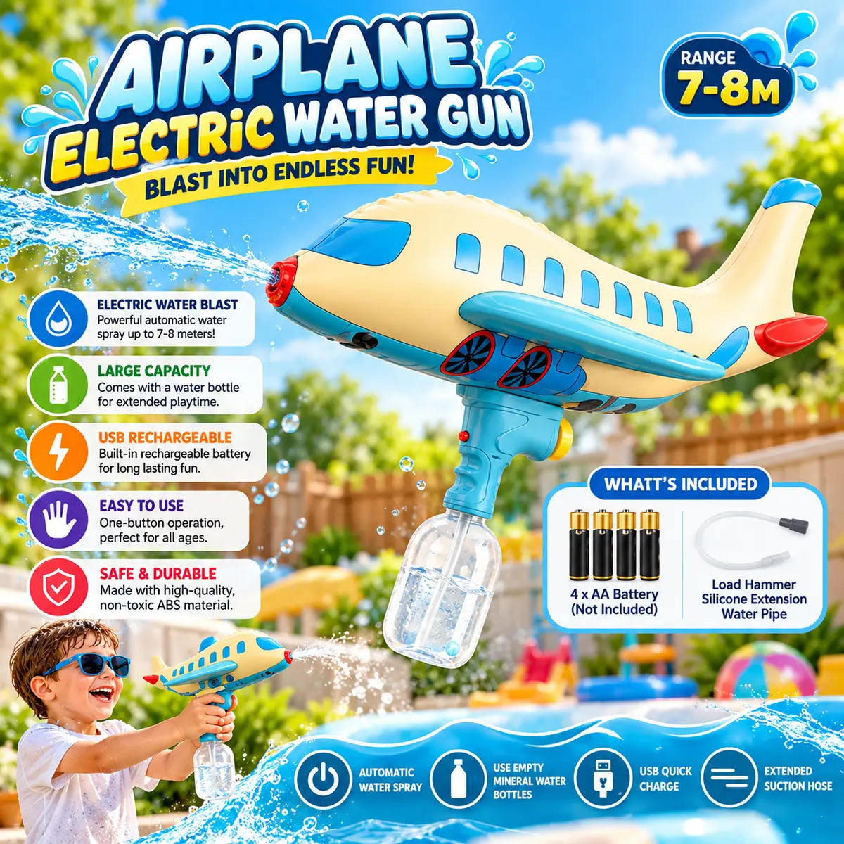 Airplane Electric Water Gun Toy for Kids with 7 to 8 Meter Water Spray Range