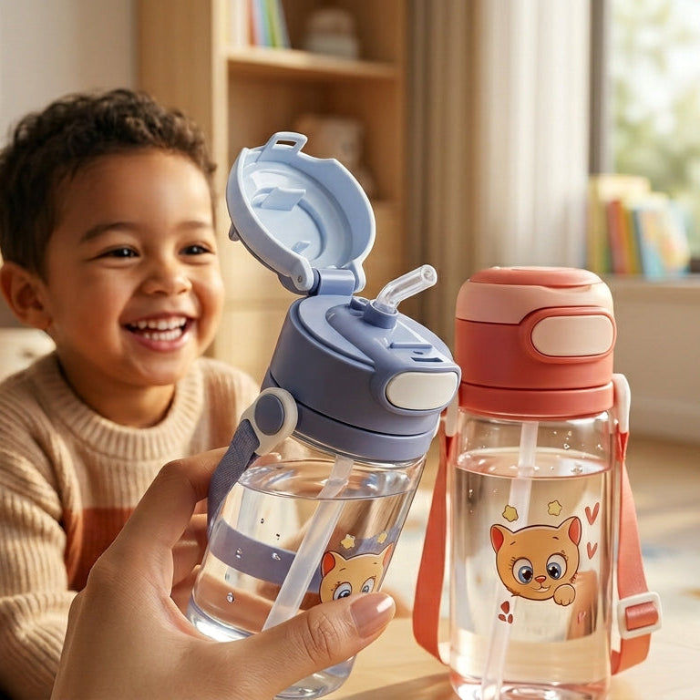 Child holding a blue sippy cup with a cartoon character, surrounded by books and toys.