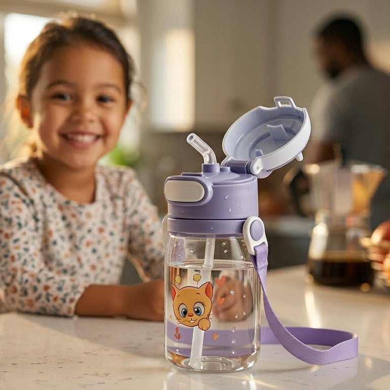 Two children's water bottles on a kitchen counter with a child in the background.