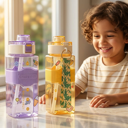 Child sitting at a table with two colorful water bottles in a kitchen setting