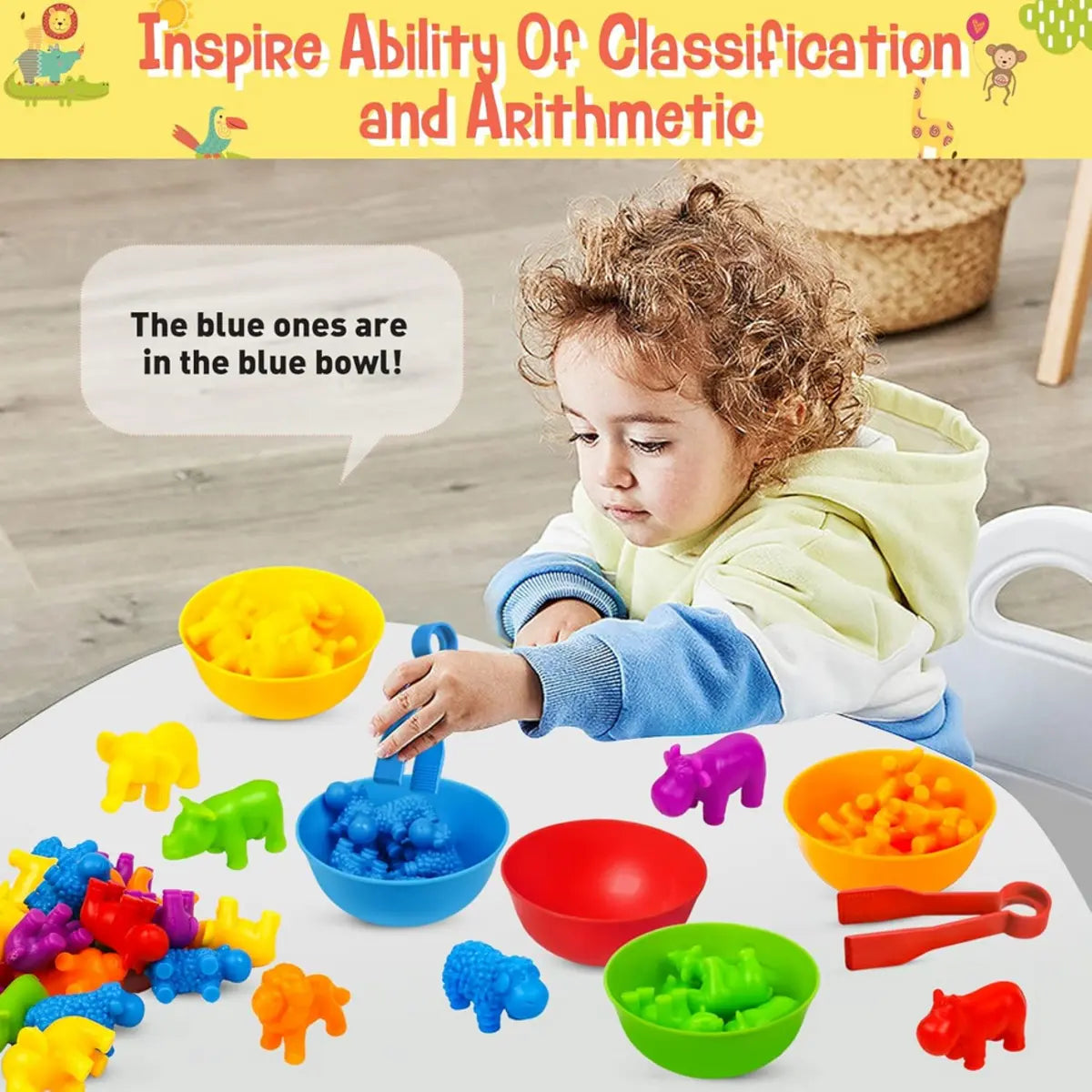 Animal counting color sorting and matching game with colorful rainbow bowls for kids