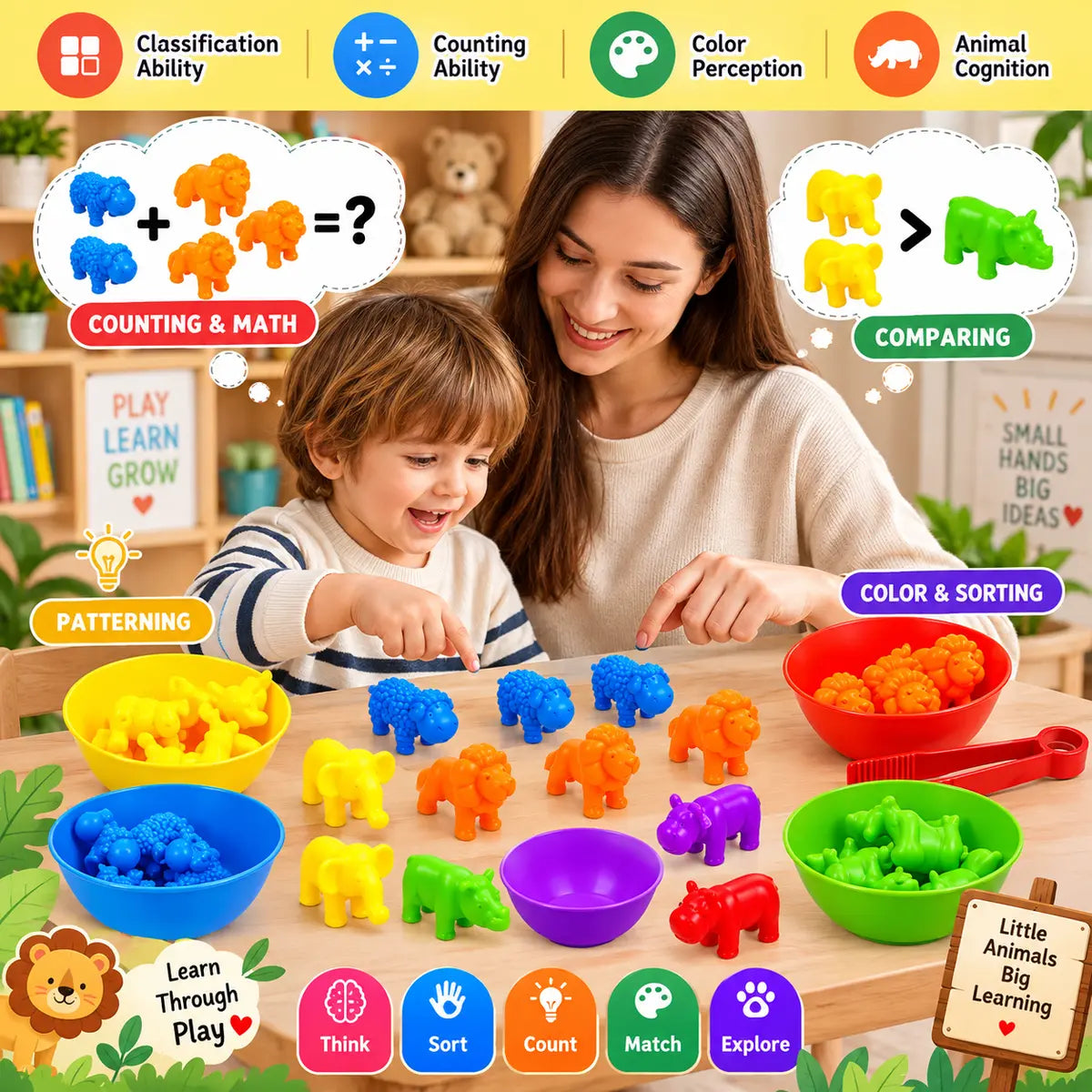 Animal counting color sorting and matching game with colorful rainbow bowls for kids
