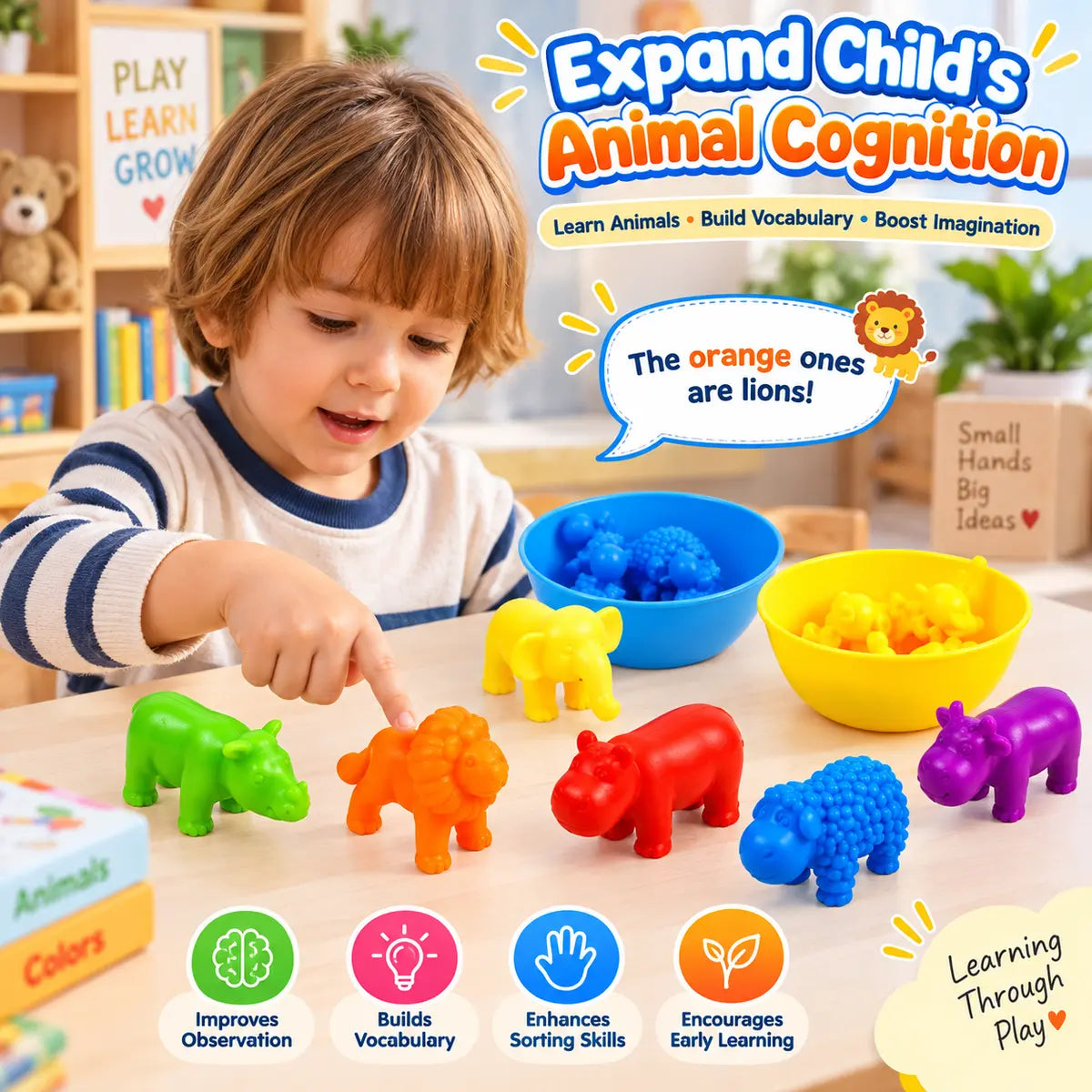 Animal counting color sorting and matching game with colorful rainbow bowls for kids
