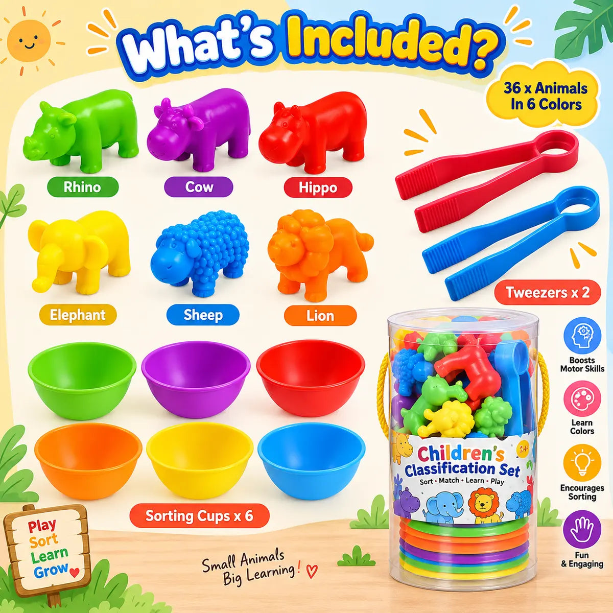 Animal counting color sorting and matching game with colorful rainbow bowls for kids