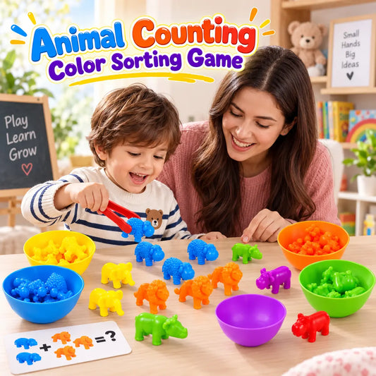 Animal counting color sorting and matching game with colorful rainbow bowls for kids