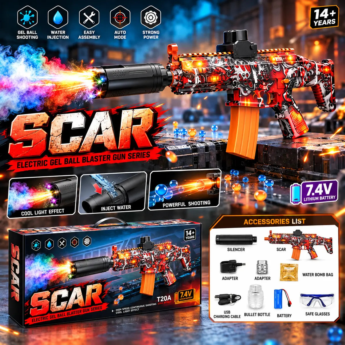 Automatic SCAR-L Electric Gel Ball Blaster Toy with 7.4V Rechargeable Battery