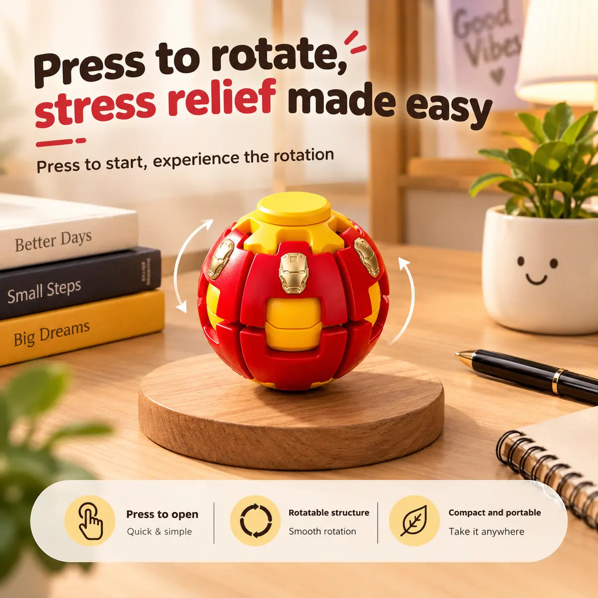 Avengers Press and Spin 3D spinning fidget ball with superhero-inspired designs