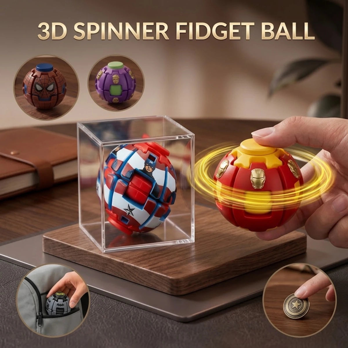 Avengers Press and Spin 3D spinning fidget ball with superhero-inspired designs
