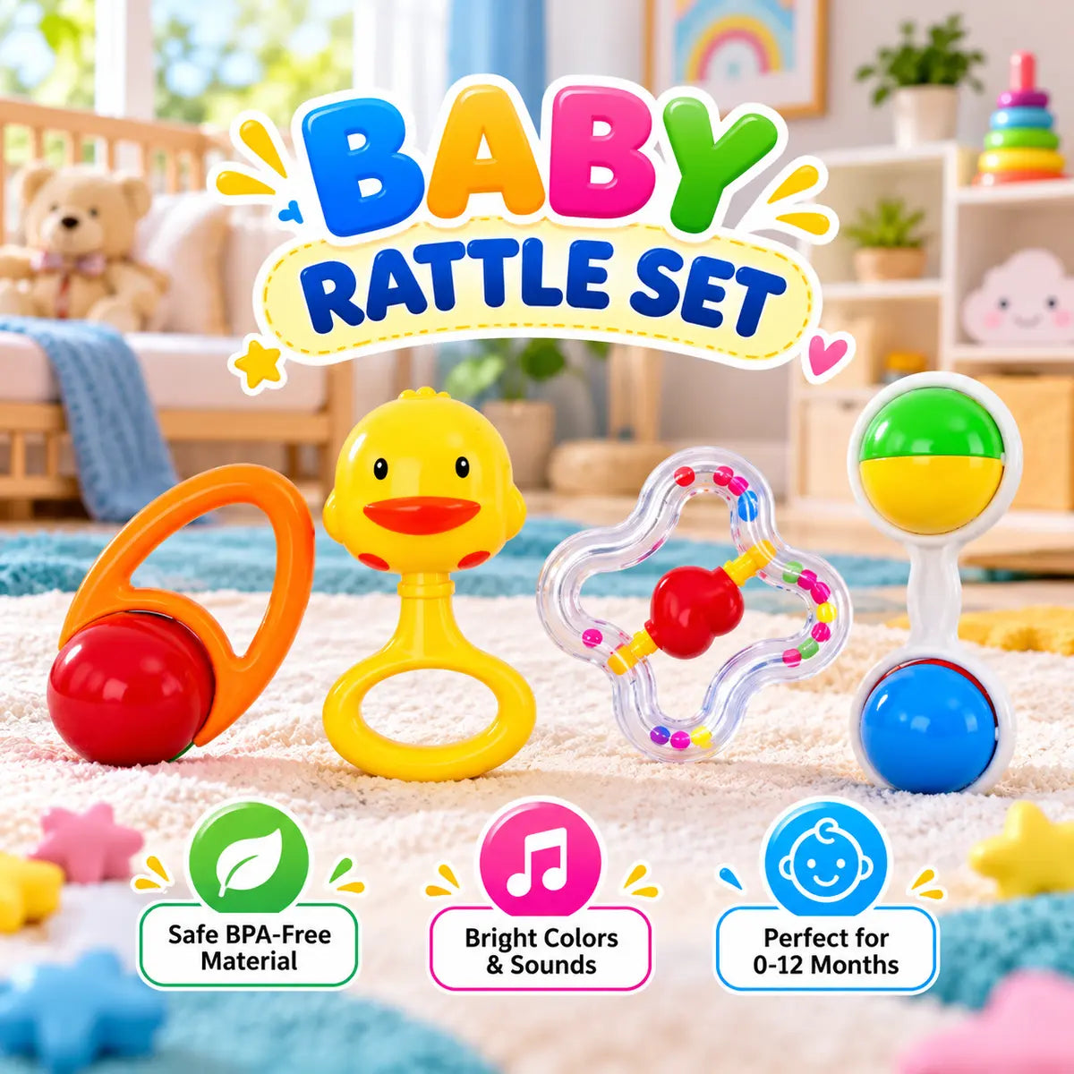 4 Pcs Baby Rattle Set – Colorful Hand Rattle Toys for Newborn & Infants (K225D22)