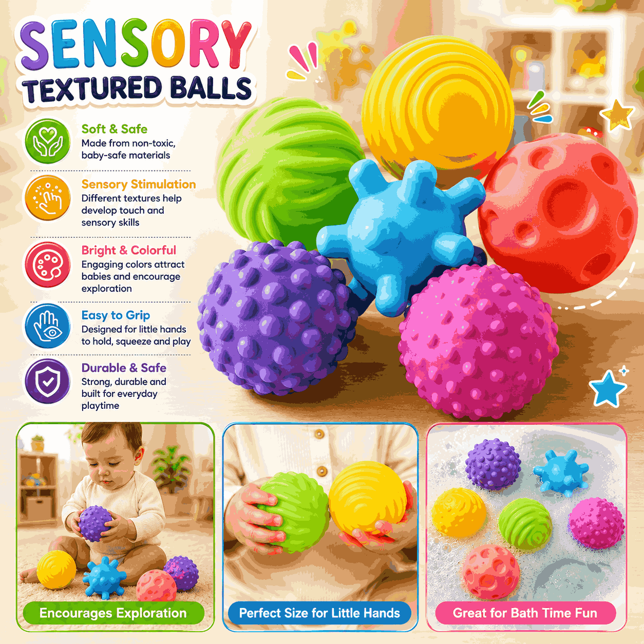 Baby Soft Squeeze Balls Colorful Textured Sensory Balls for Kids