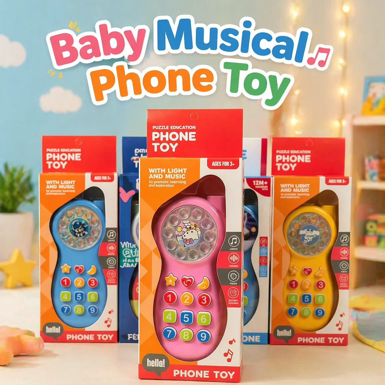 Baby musical phone toy packaging with colorful design and text on a light background.