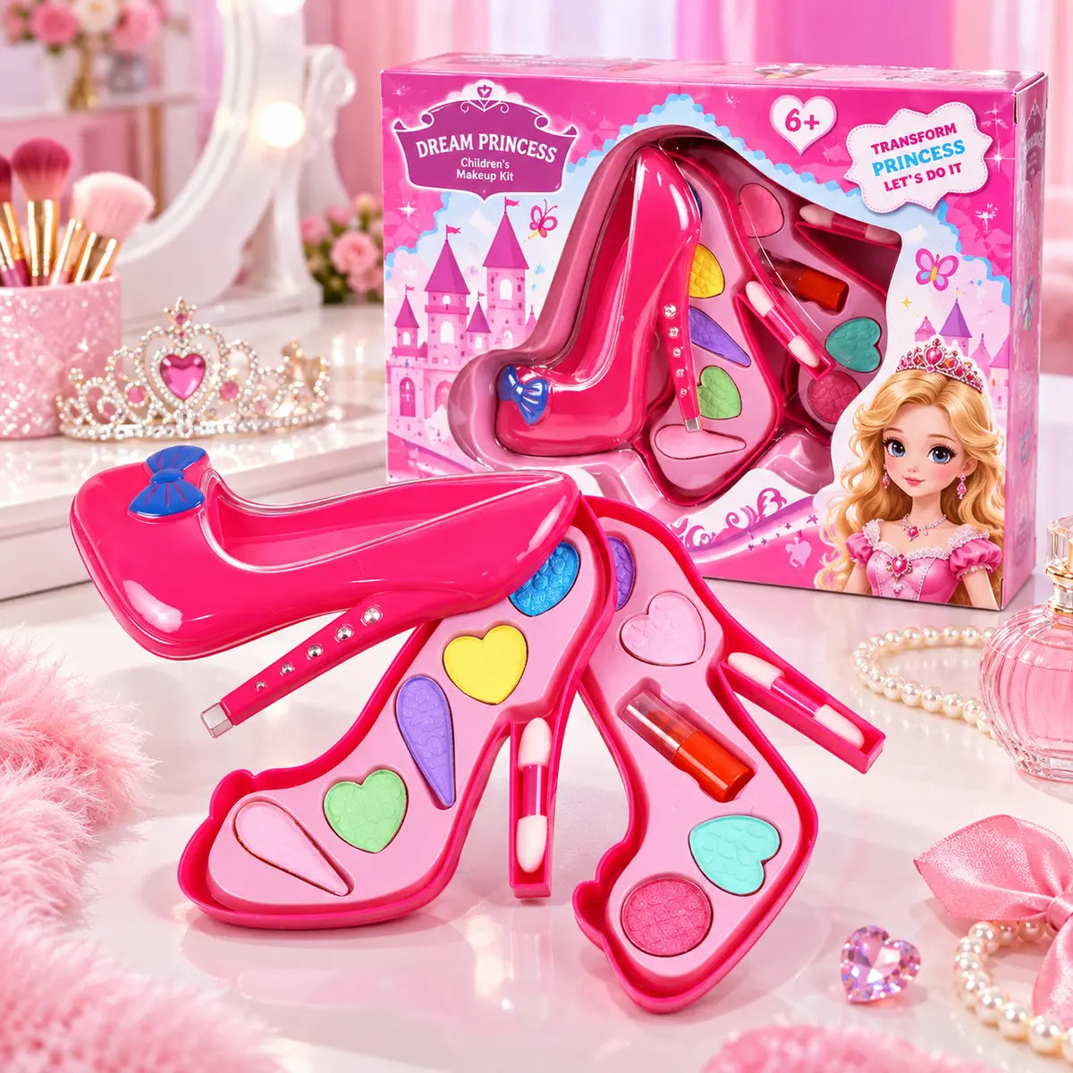 Barbie shoe-shaped makeup cosmetic set with colorful makeup pieces and accessories for girls