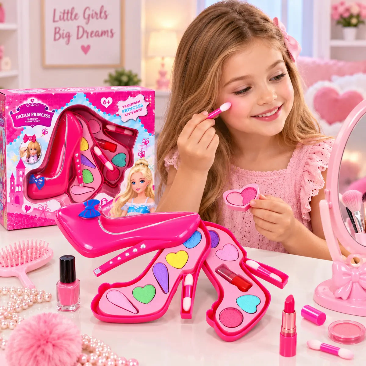 Barbie shoe-shaped makeup cosmetic set with colorful makeup pieces and accessories for girls