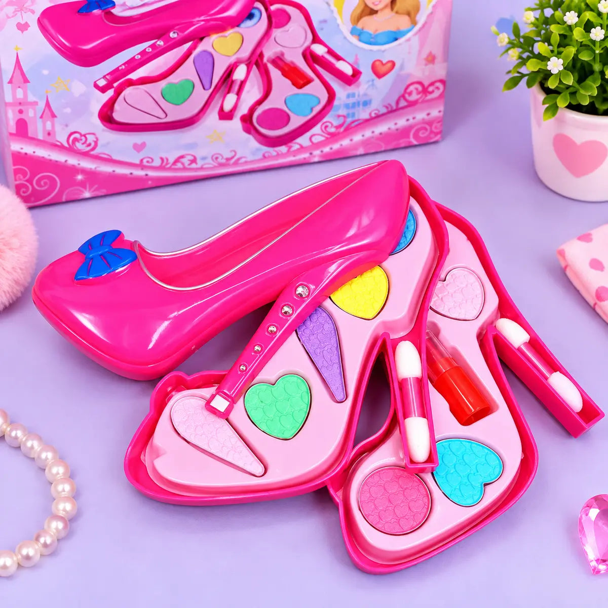 Barbie shoe-shaped makeup cosmetic set with colorful makeup pieces and accessories for girls