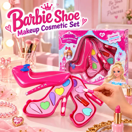 Barbie shoe-shaped makeup cosmetic set with colorful makeup pieces and accessories for girls