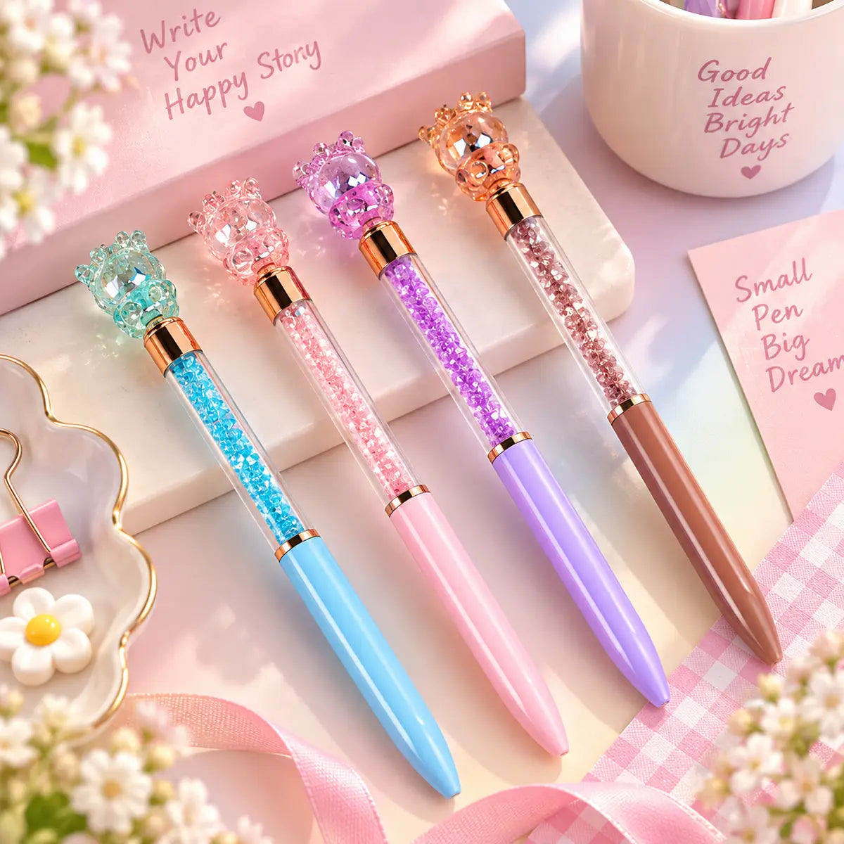 Bear rhinestone ballpoint pen for kids in colorful pastel designs