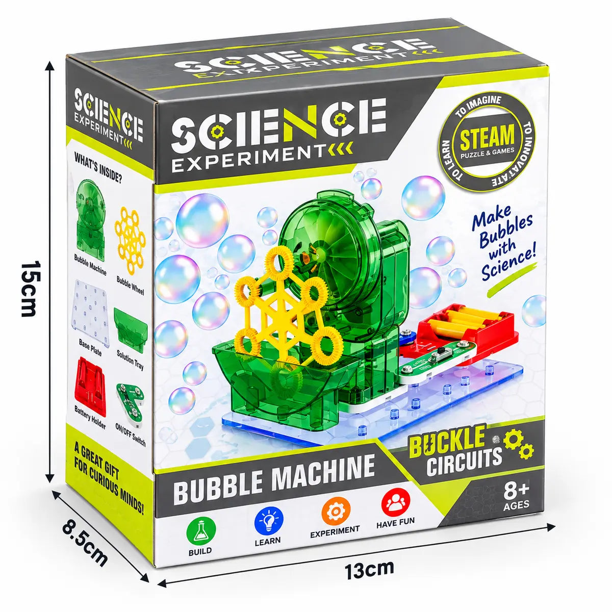 Bubble machine LED science experiment kit and educational STEM toy for kids
