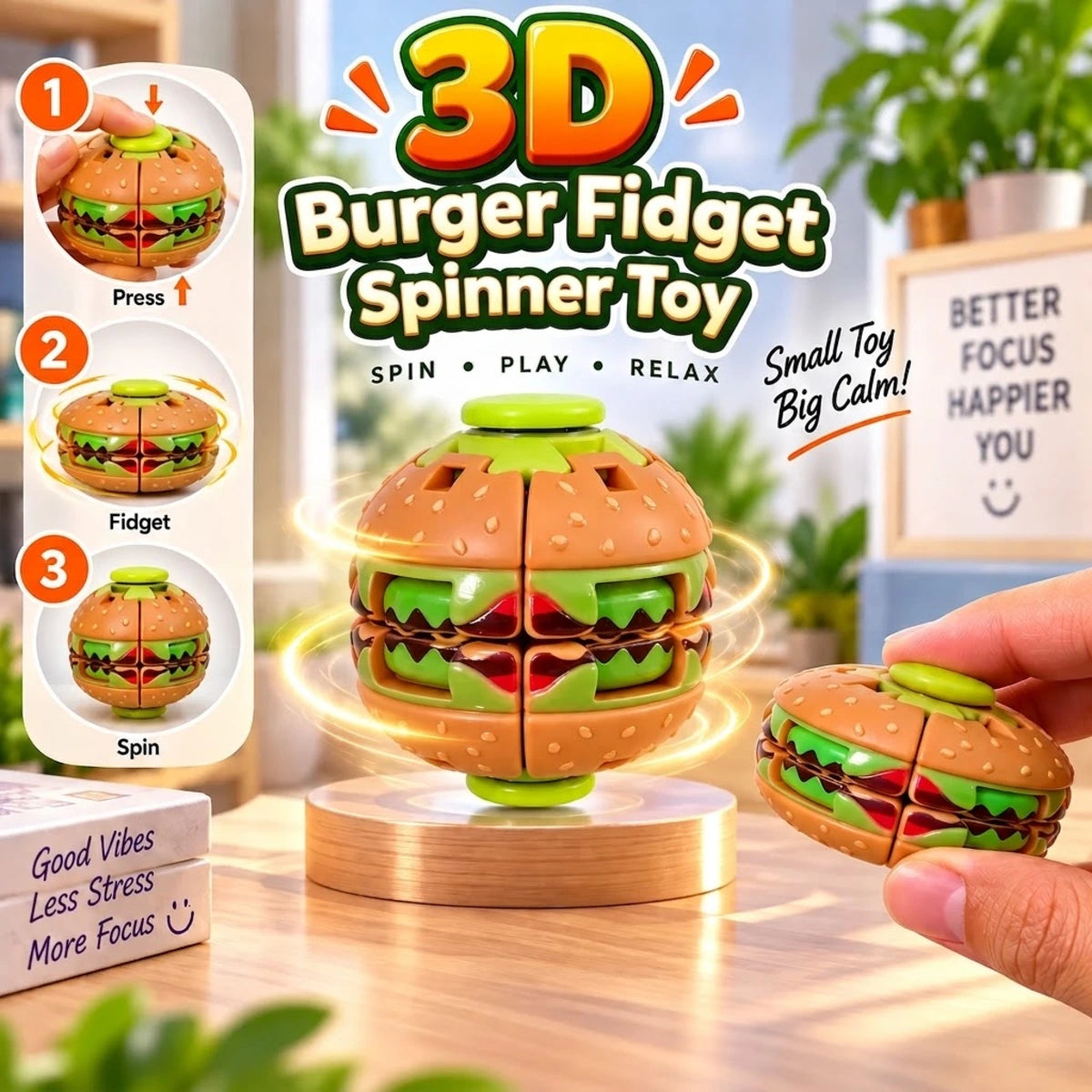Burger 3D Printed Press Fidget Spinner Ball (0104)