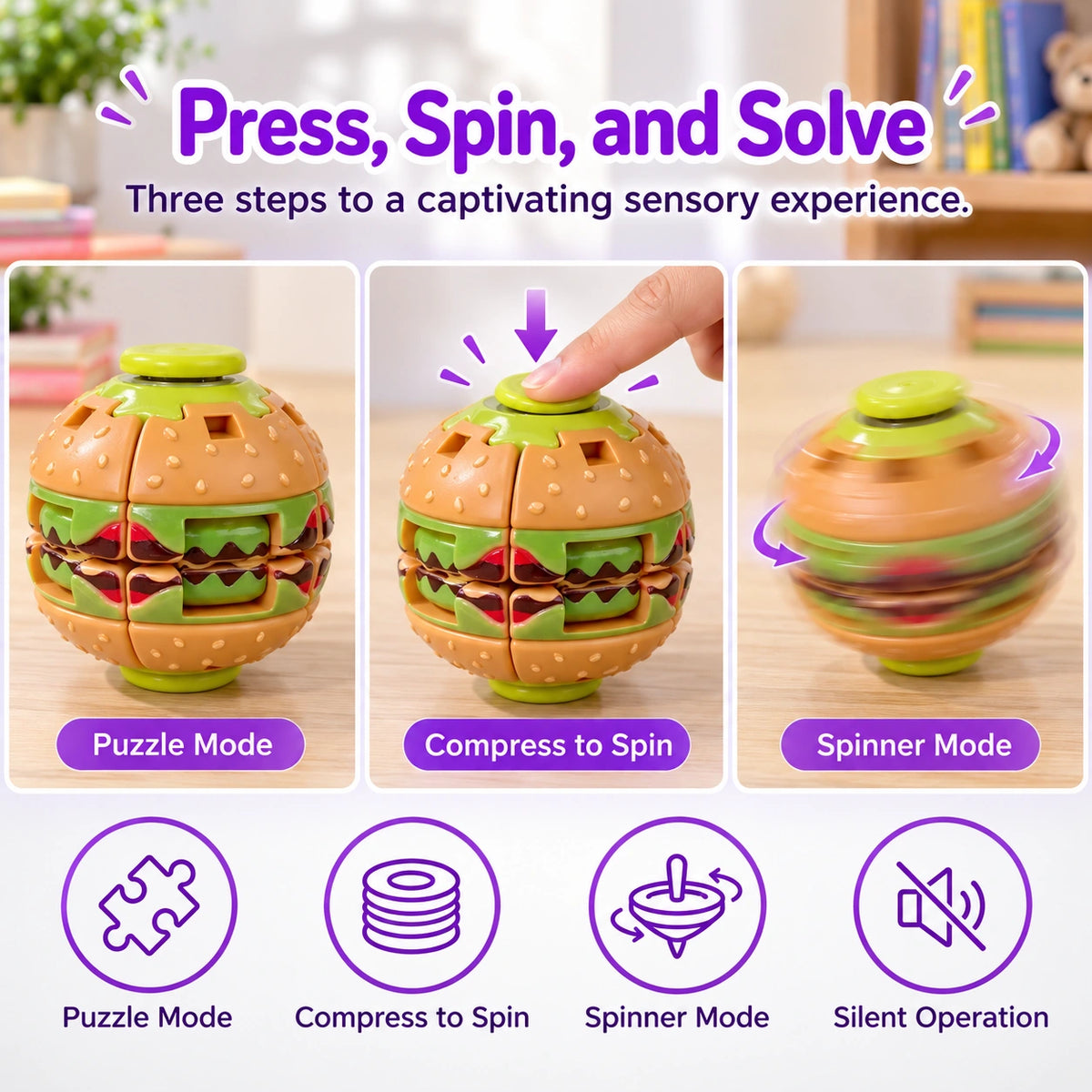 Burger 3D Printed Press Fidget Spinner Ball 