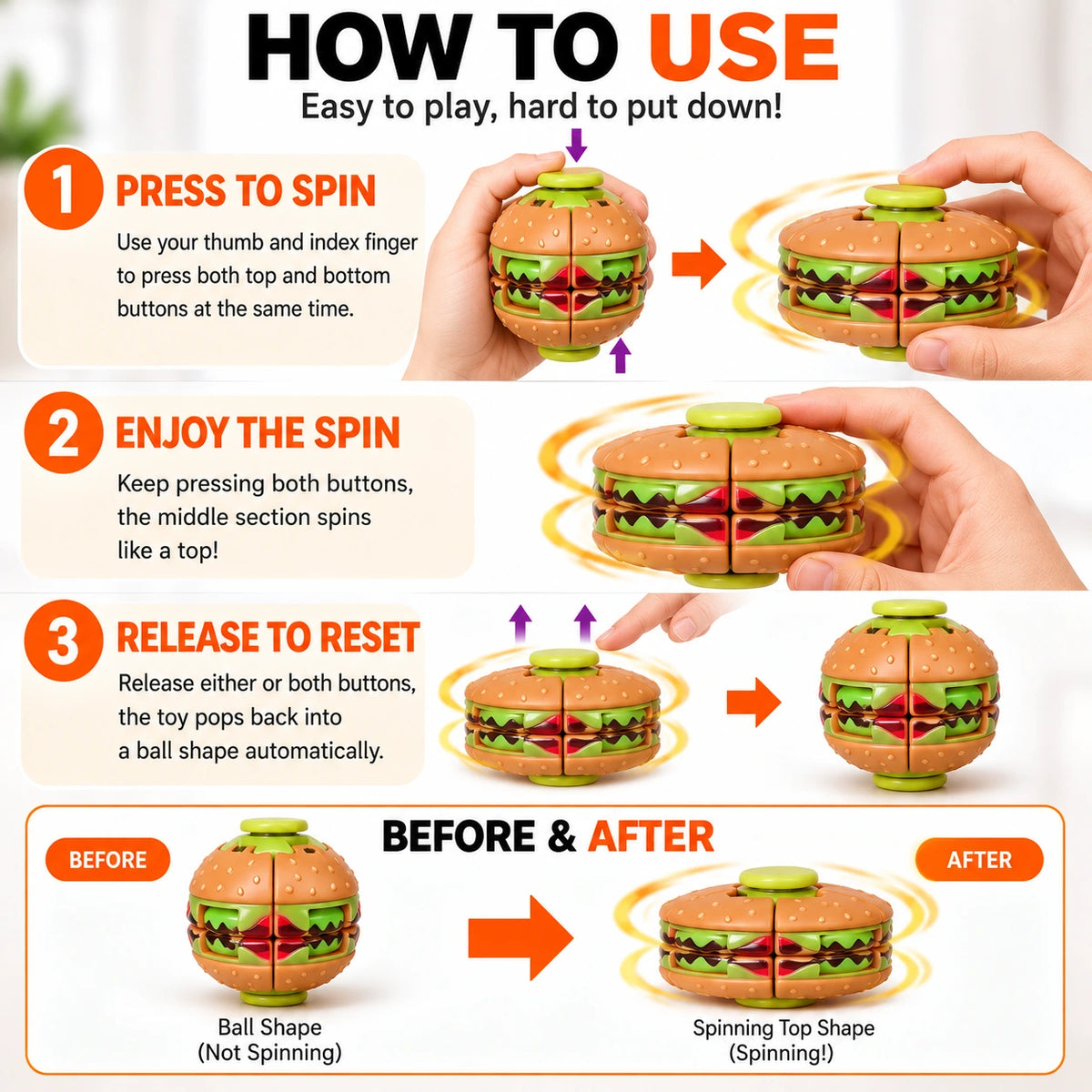 Burger 3D Printed Press Fidget Spinner Ball 