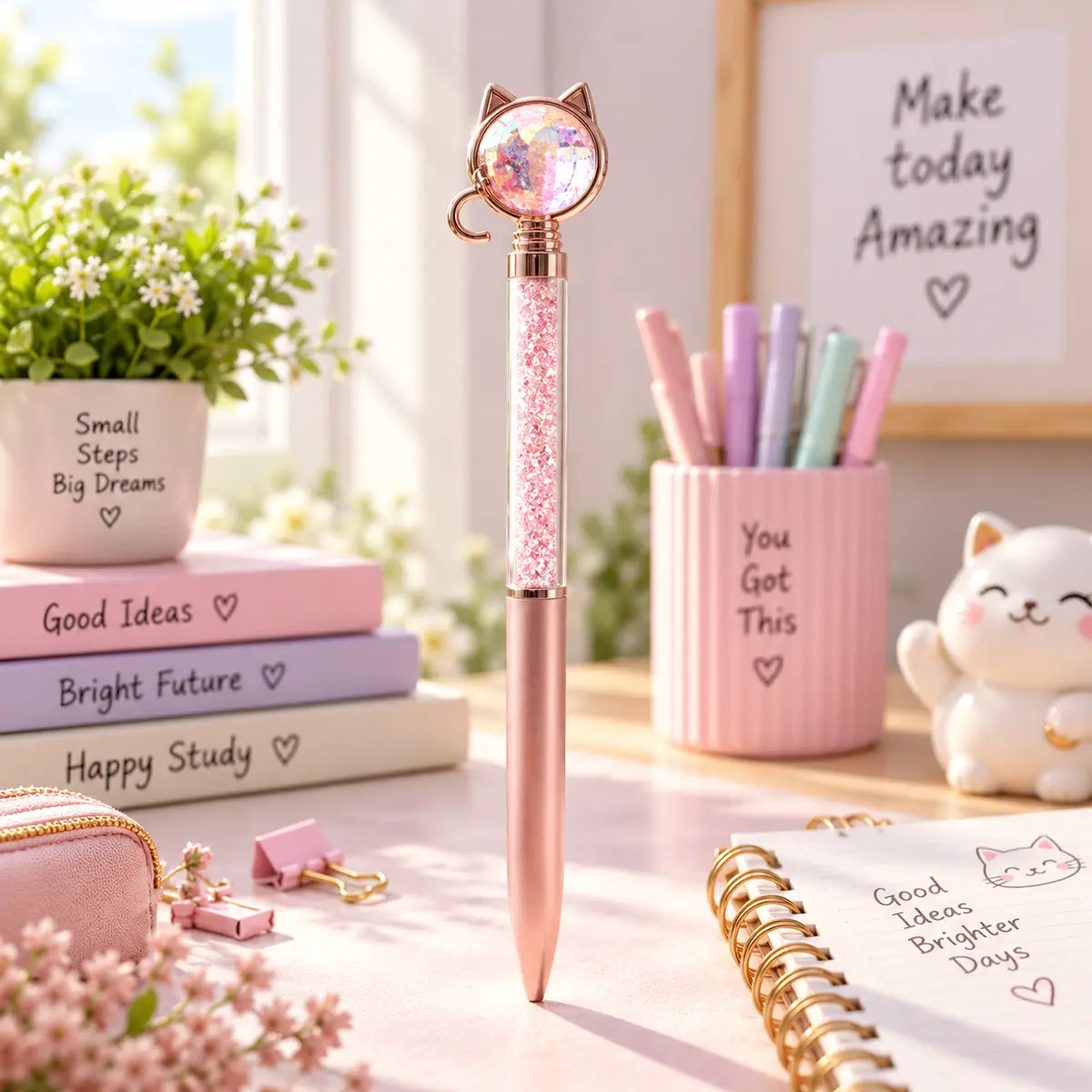 Cute cat ballpoint pen with sparkling decorative ball for kids