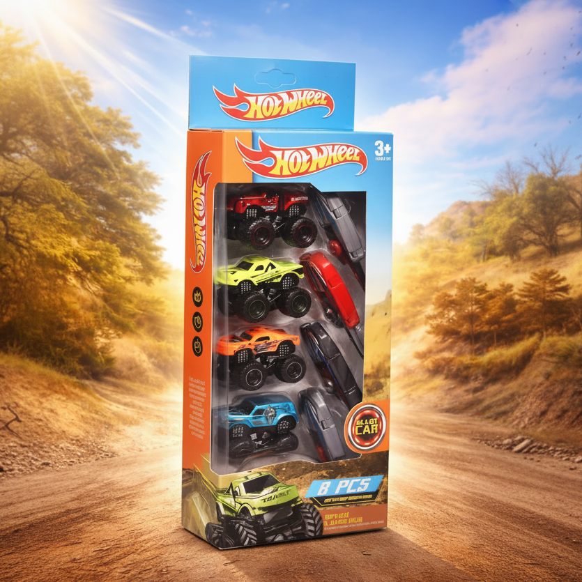 4 pcs monster jeep car set with speed launcher, kids racing toy cars