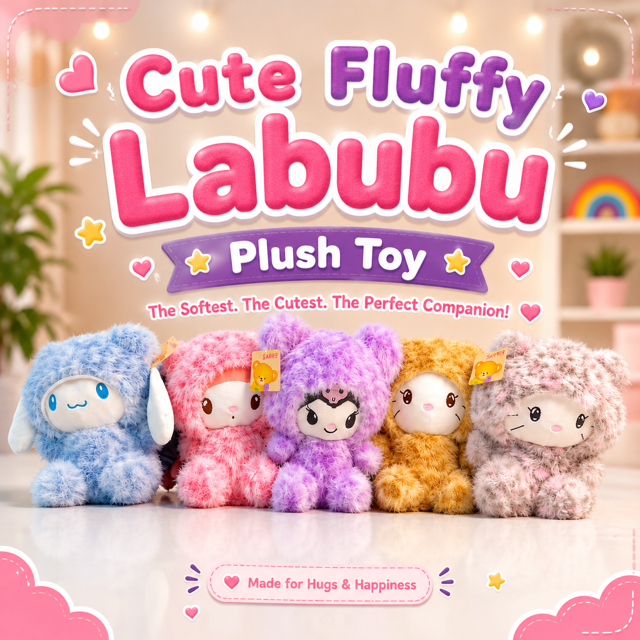 Cute Fluffy Labubu Plush Toy for Kids (25cm | Random Color)