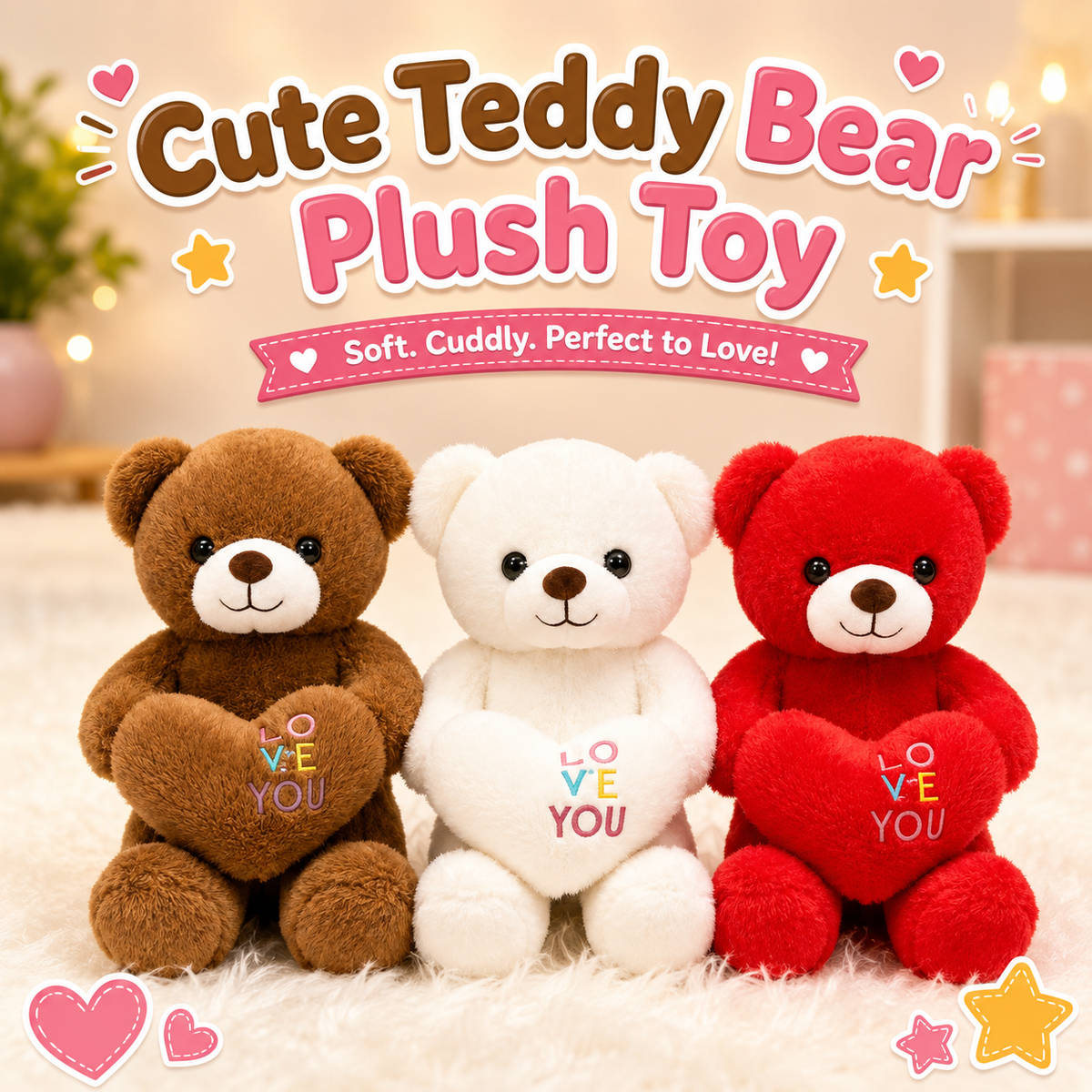 Cute Teddy Bear Plush Toy with Heart (30cm | Random Color)