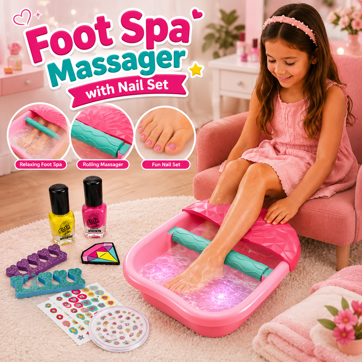2 in 1 Foot Spa Massager with Nail Set for Kids Pretend Play Beauty Salon Toy with Manicure Accessories