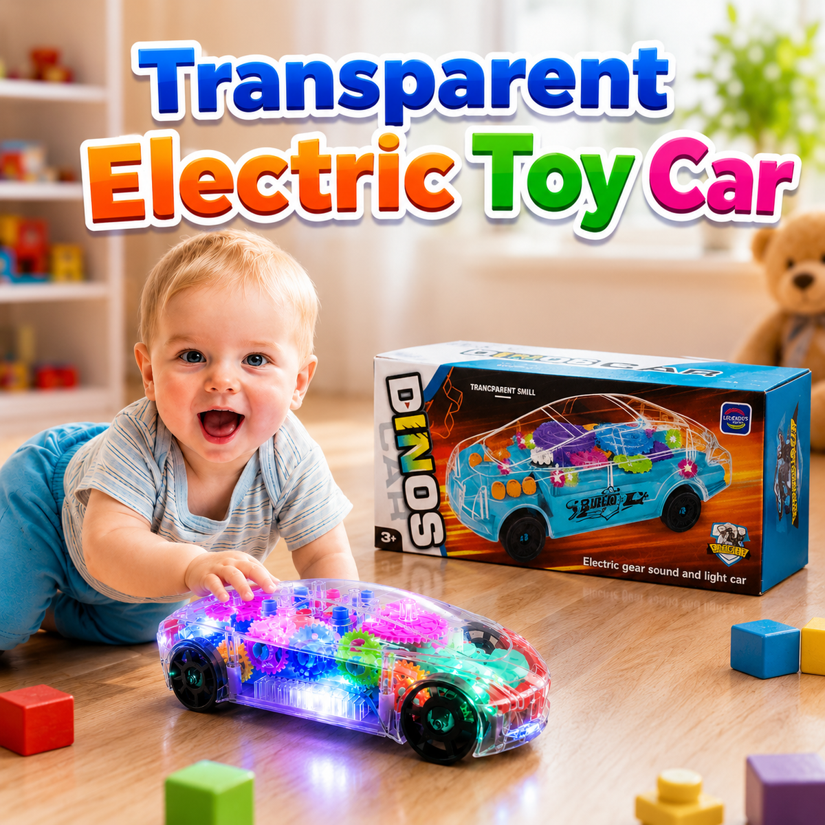 Transparent Electric Toy Car with Lights, Music & Universal Gear
