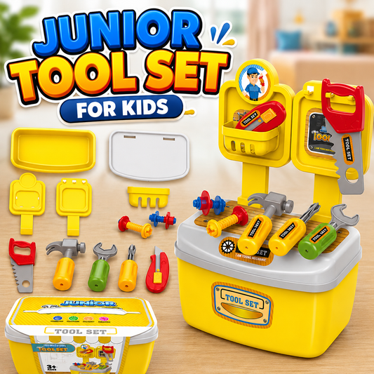 Junior Tool Set for Kids Pretend Play Construction Toolbox with Toy Hammer Screwdriver Saw and Workbench