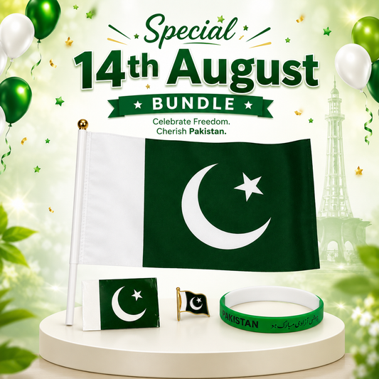 14th August Pakistan Independence Day Celebration Bundle with Pakistan Flag Badge Pin and Wristband