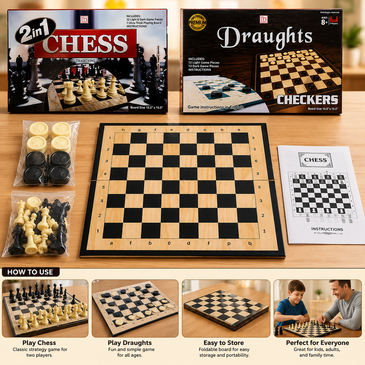 2 in 1 Chess & Draughts Wooden Board Game Set for Kids & Family (1258)