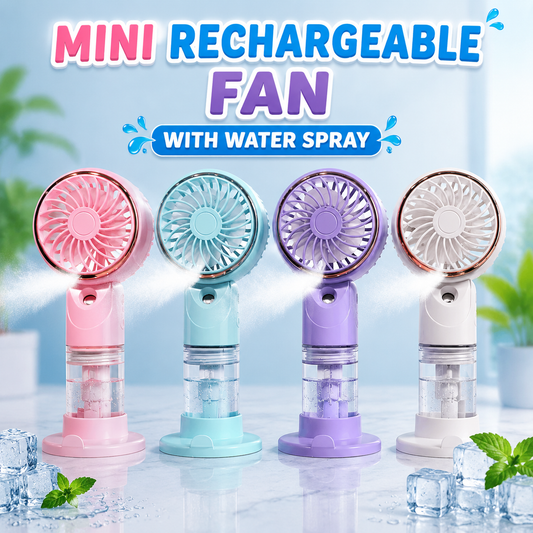 Mini rechargeable spray fan with water mist available in pink, blue, purple and white colors
