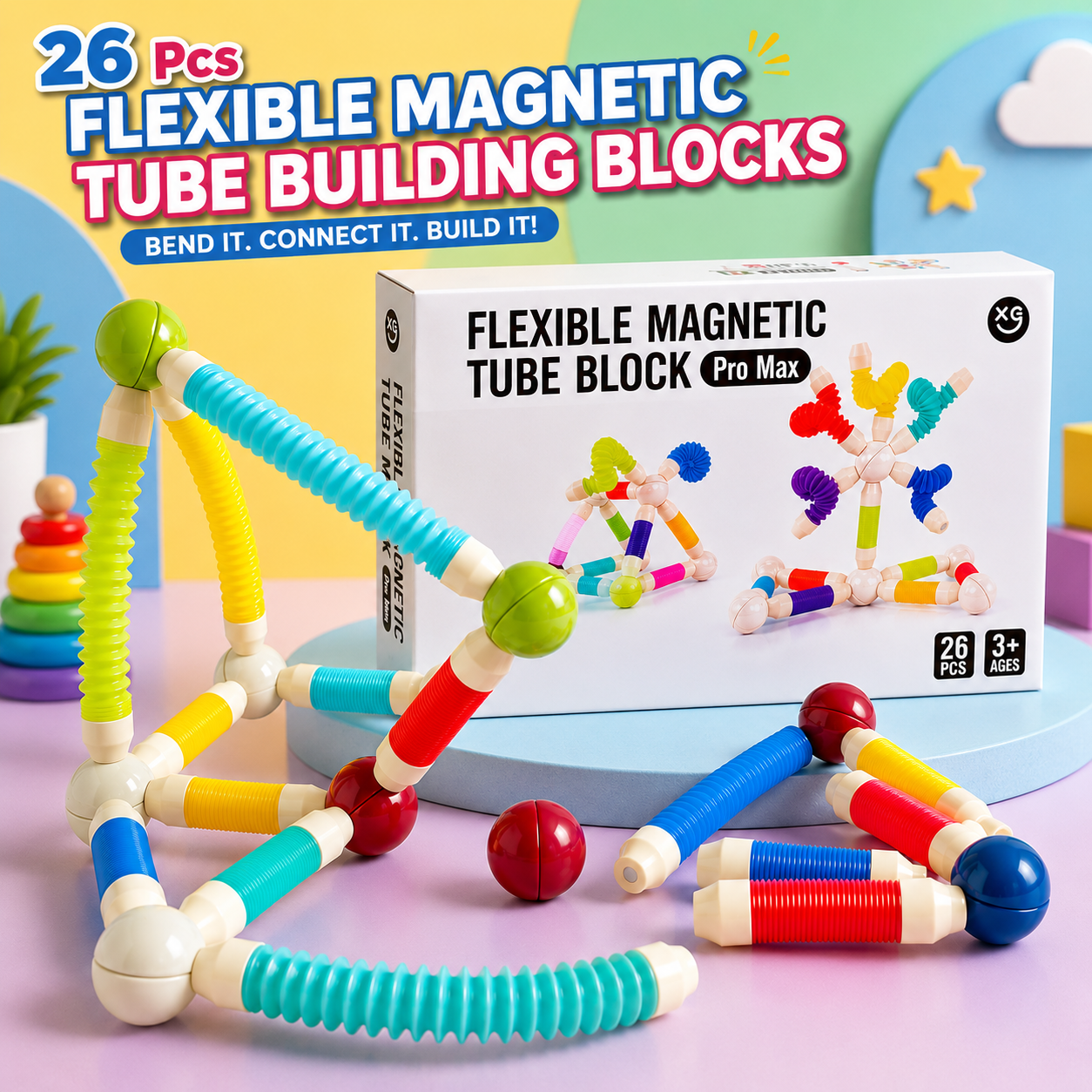 Flexible Magnetic Tube Building Blocks 26PCS colorful STEM construction toy for kids