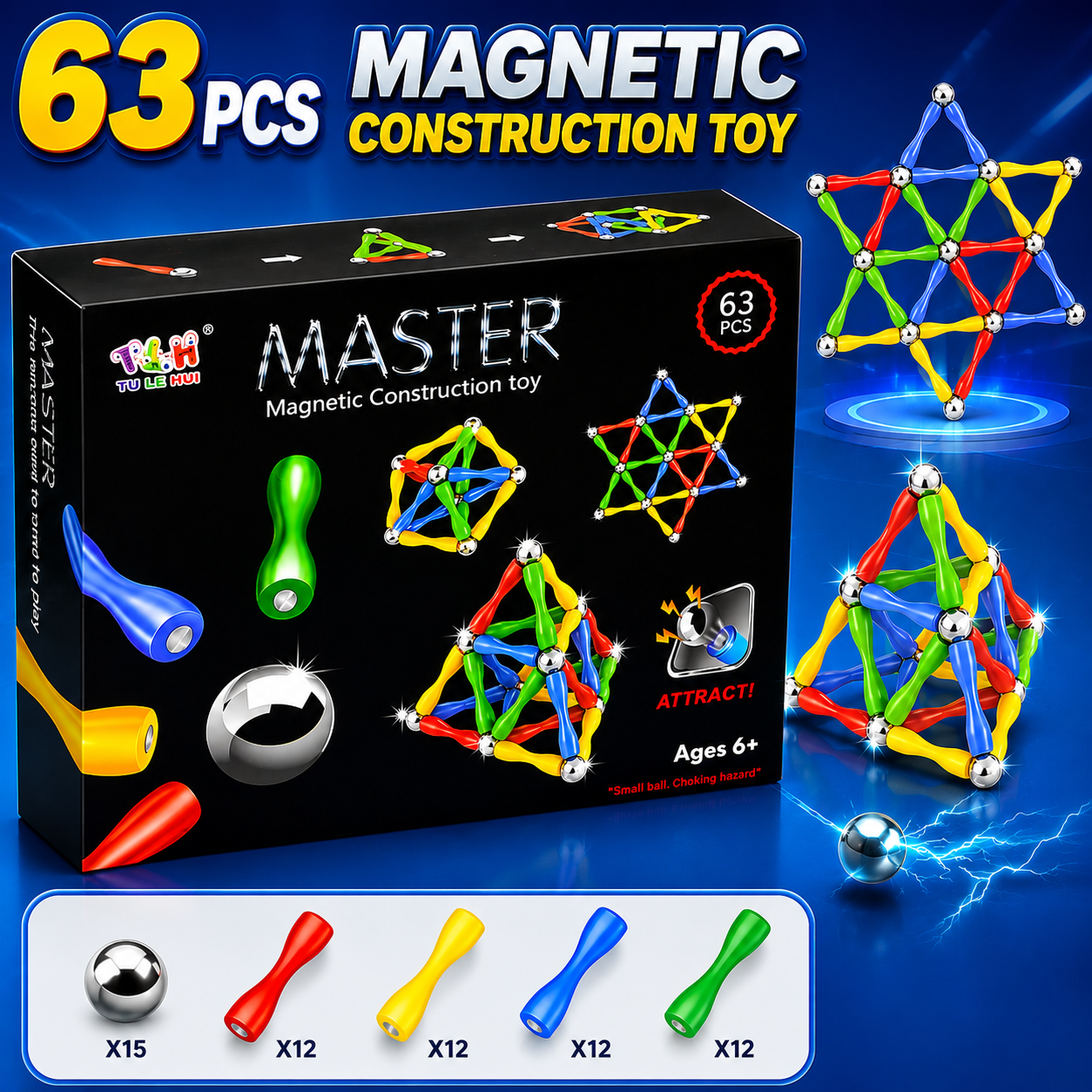 3D Magnetic Sticks Construction Set - 63 PCS (TLH-C3)