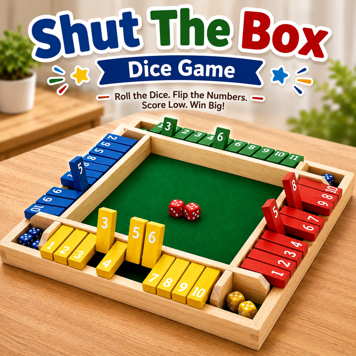 Shut The Box Dice Game – Wooden Family Math Board Game 2–4 Players (2025-39)