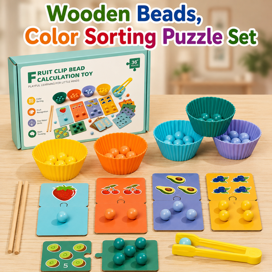 Wooden Beads, Color Sorting Puzzle Set & Quantity Recognition For Kids 