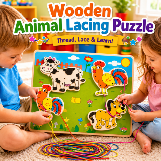 Wooden Animal Lacing Puzzle – Threading & Matching Toy for Kids 