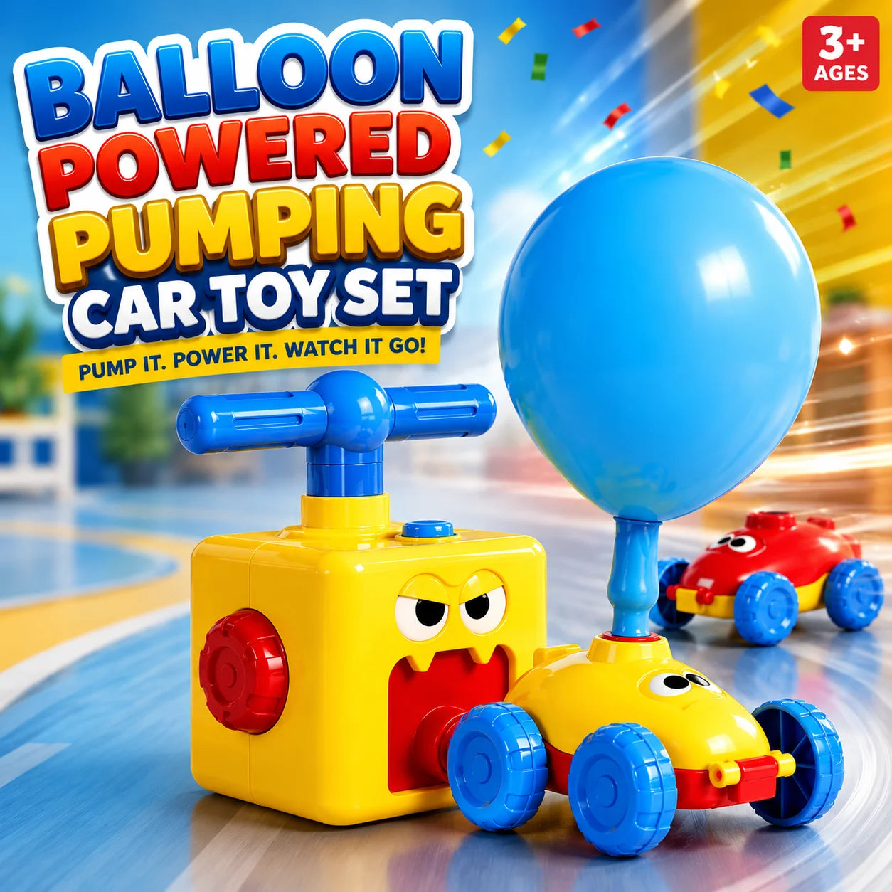 3-in-1 Kids Creative and Active Play Toy Bundle with Balloon Car Drill Set and Rubber Ball