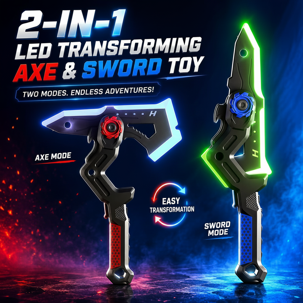 2-in-1 LED Transforming Axe & Sword Toy with Spray Effect for Kids (HY2555)