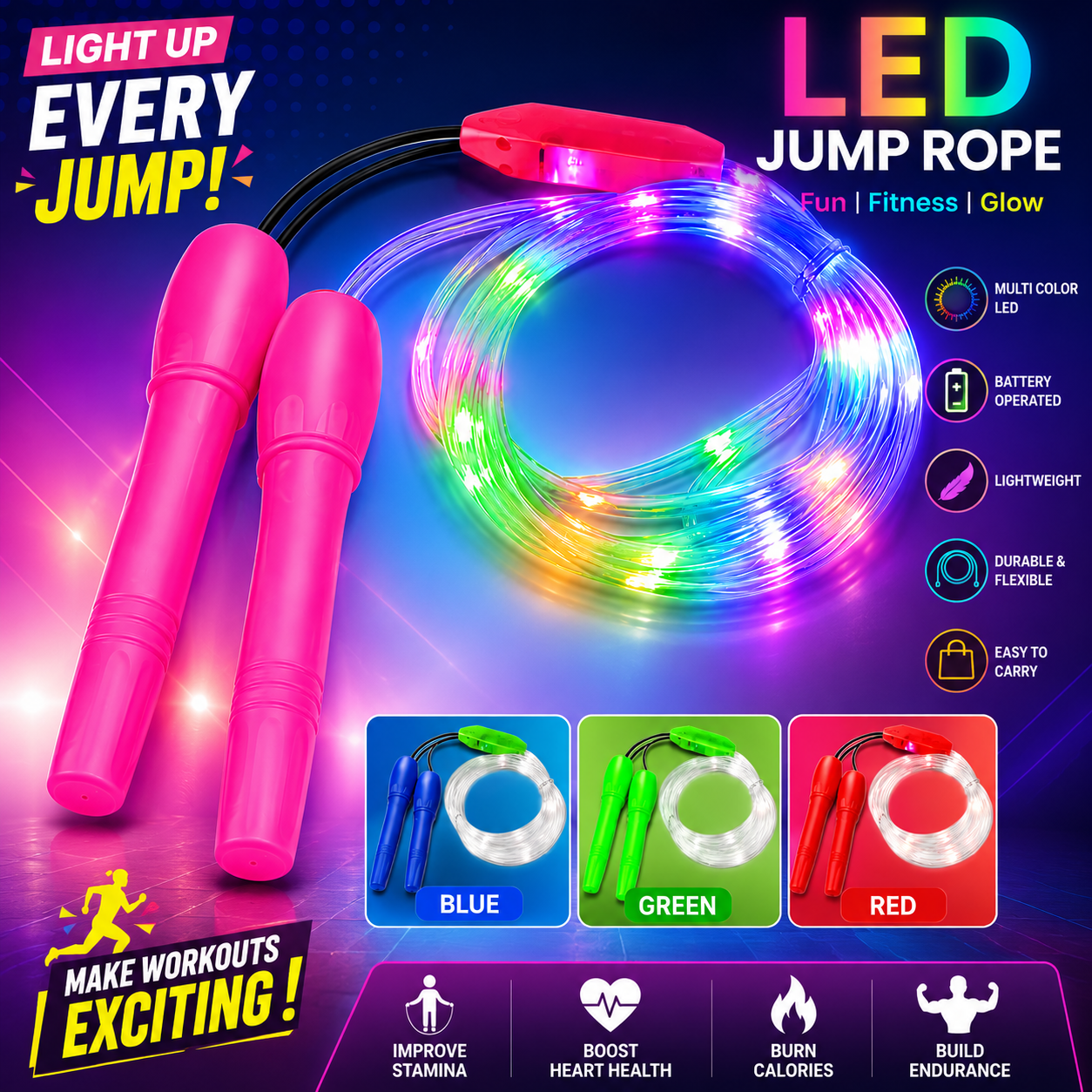 LED Light Up Jump Rope for Kids and Adults (Random Color | 23270)