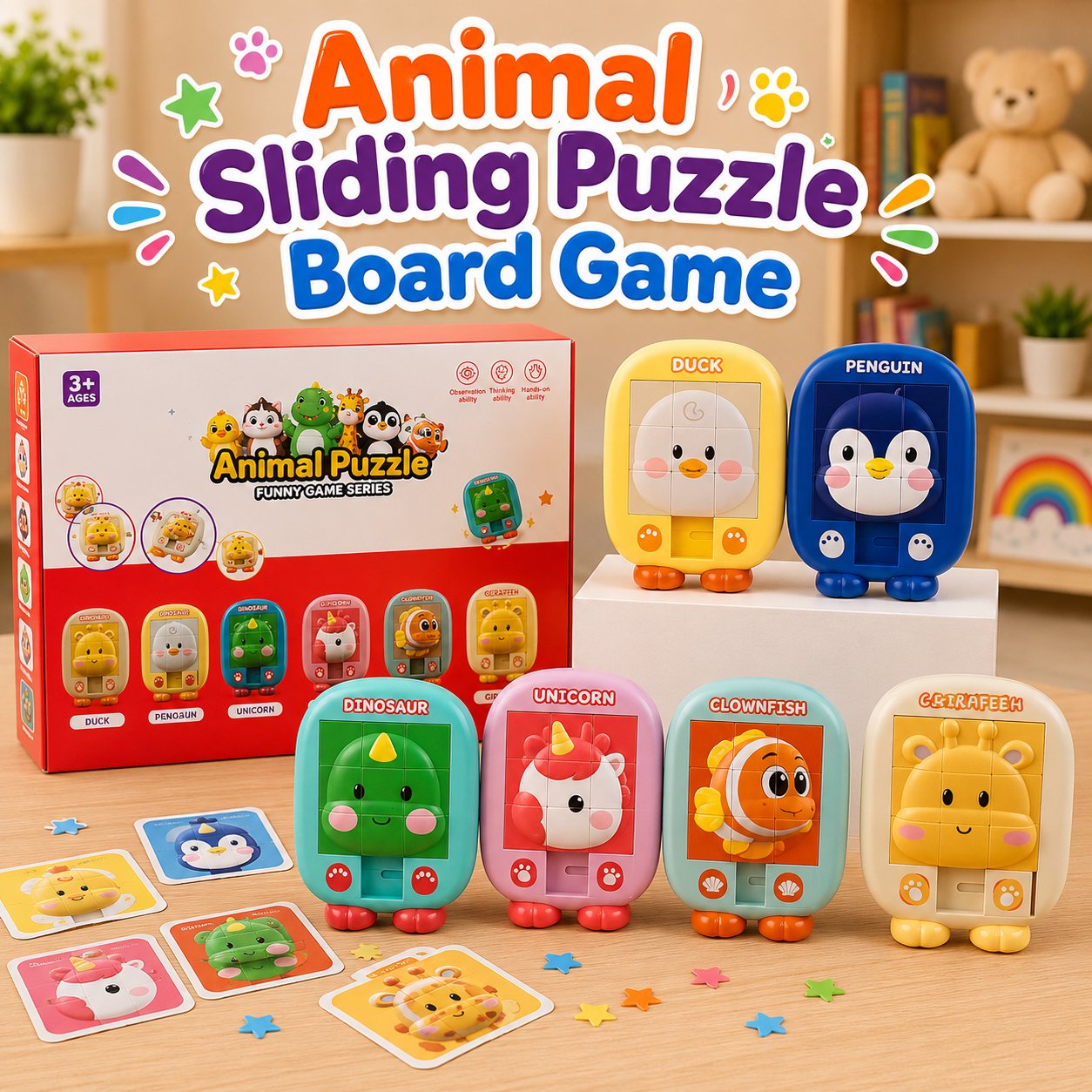 Cute animal sliding puzzle toy featuring dinosaur, penguin, unicorn, duck and clownfish designs for kids
