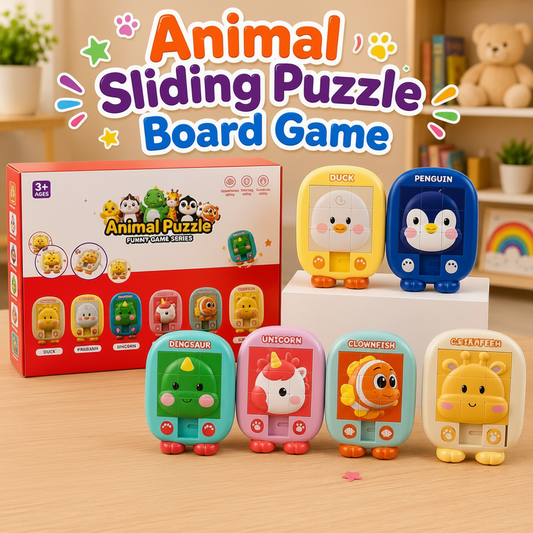 Cute animal sliding puzzle toy featuring dinosaur, penguin, unicorn, duck and clownfish designs for kids