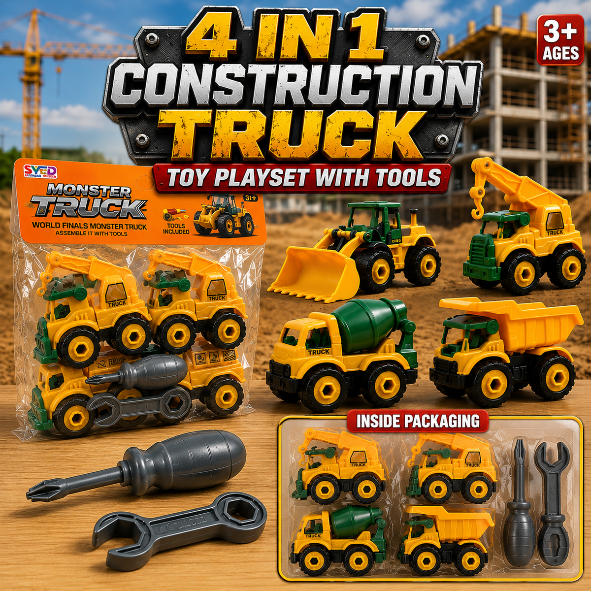 4 In 1 Construction Truck Toy Playset with Tools (90035-MR)
