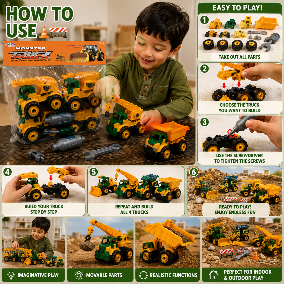 4 In 1 Construction Truck Toy Playset with Tools (90035-MR)